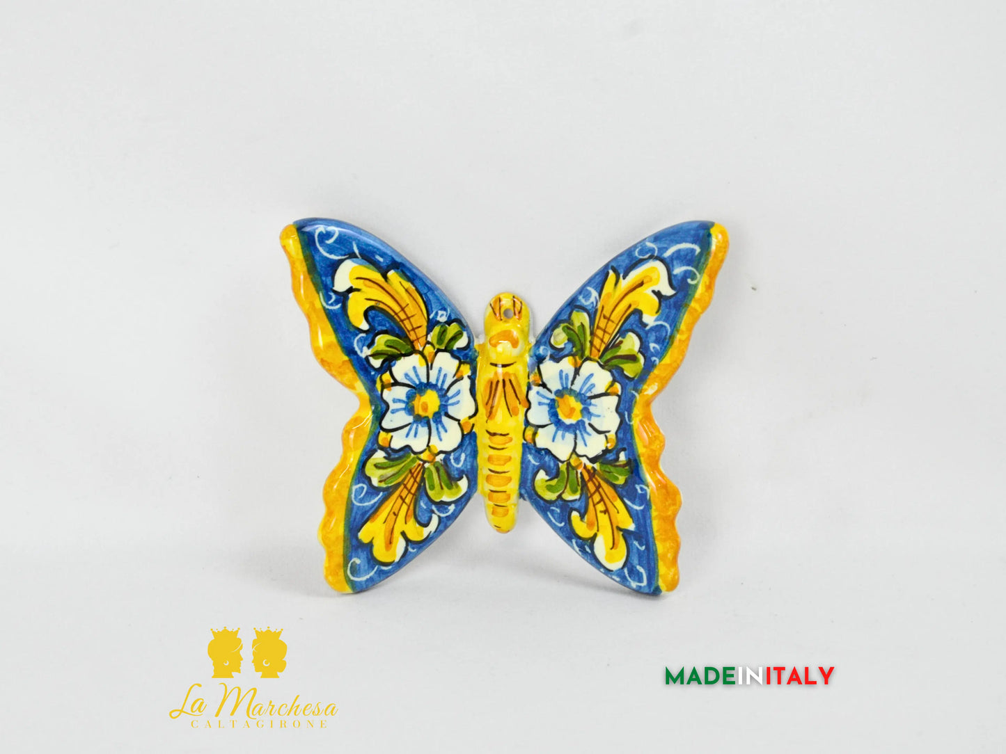 farfalla in ceramica di caltagirone 10 cm -  ornato blu antico