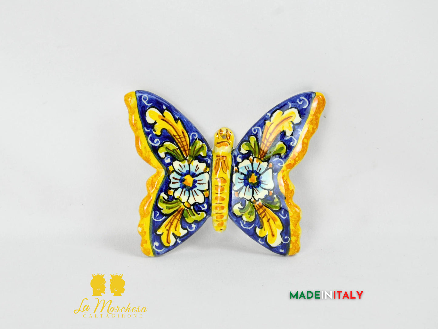 farfalla in ceramica di caltagirone 10 cm -  ornato blu cobalto