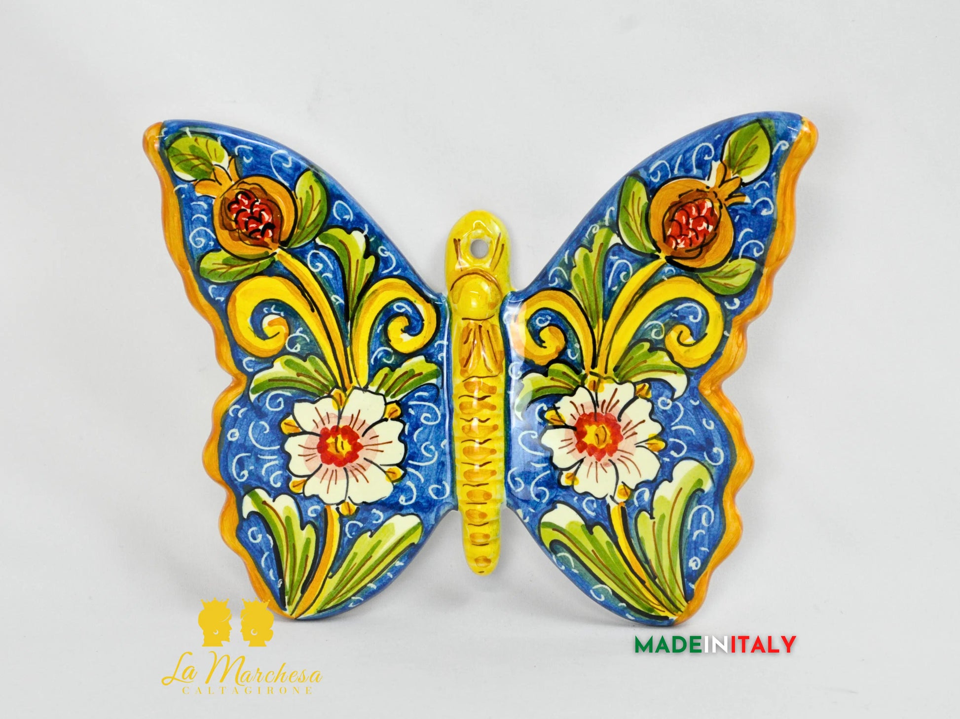 farfalla in ceramica di caltagirone 24cm - ornato blu antico