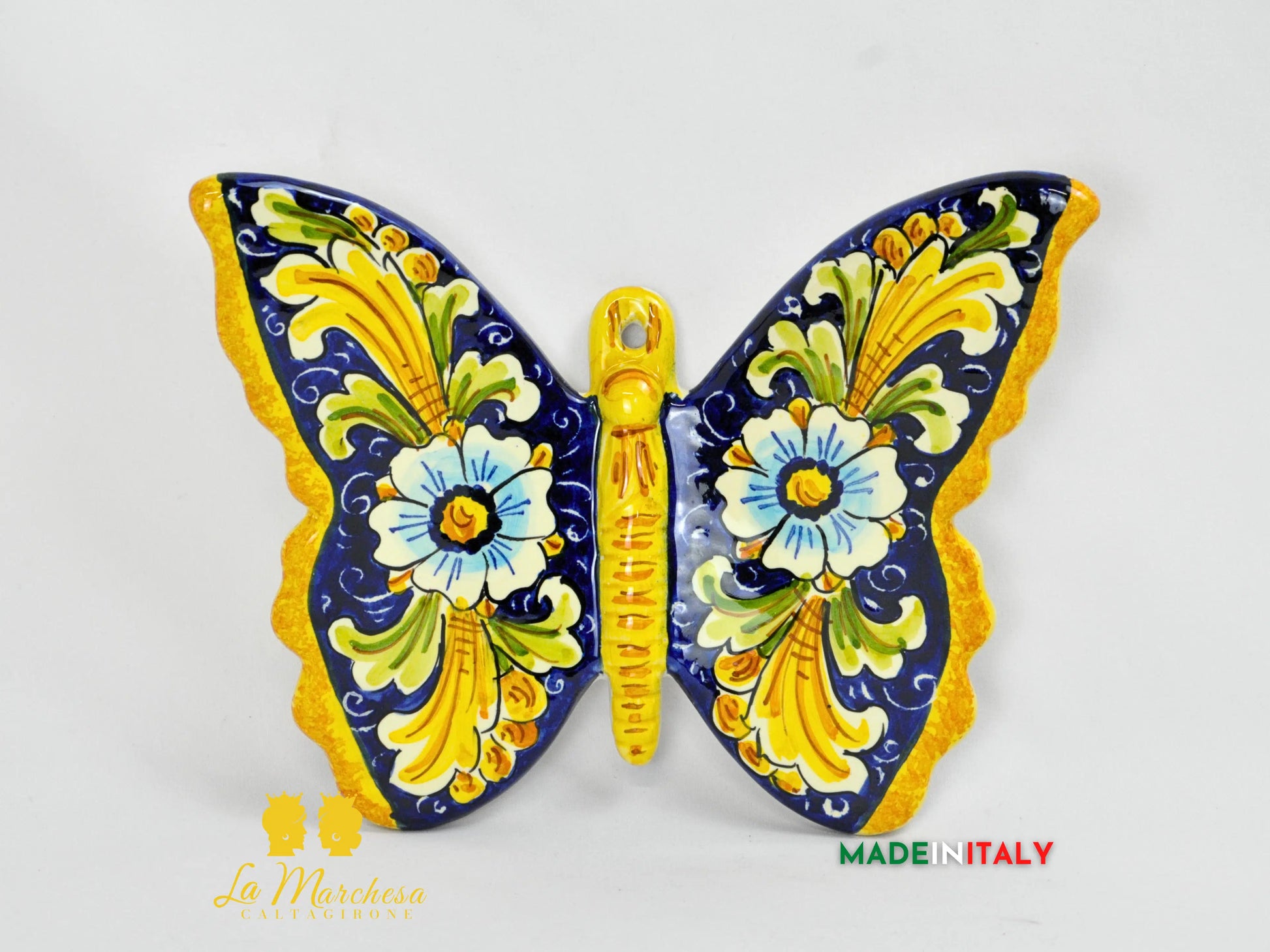 farfalla in ceramica di caltagirone 24cm - ornato blu cobalto