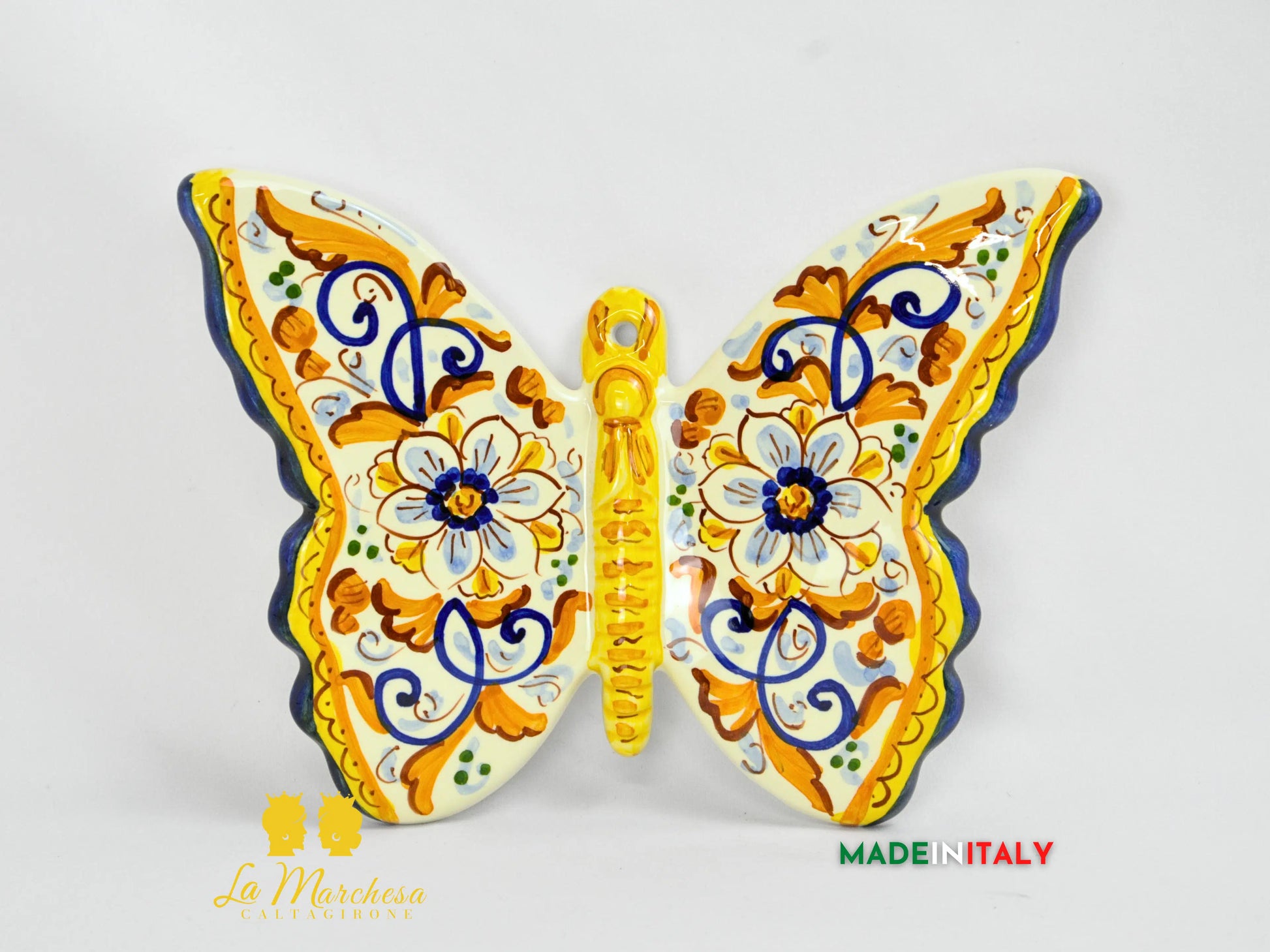 farfalla in ceramica di caltagirone 24cm - ornato oro e fiori