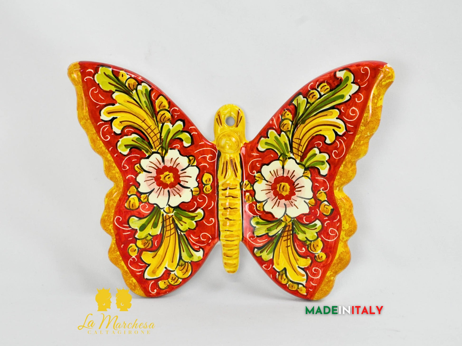 farfalla in ceramica di caltagirone 24cm - ornato rosso