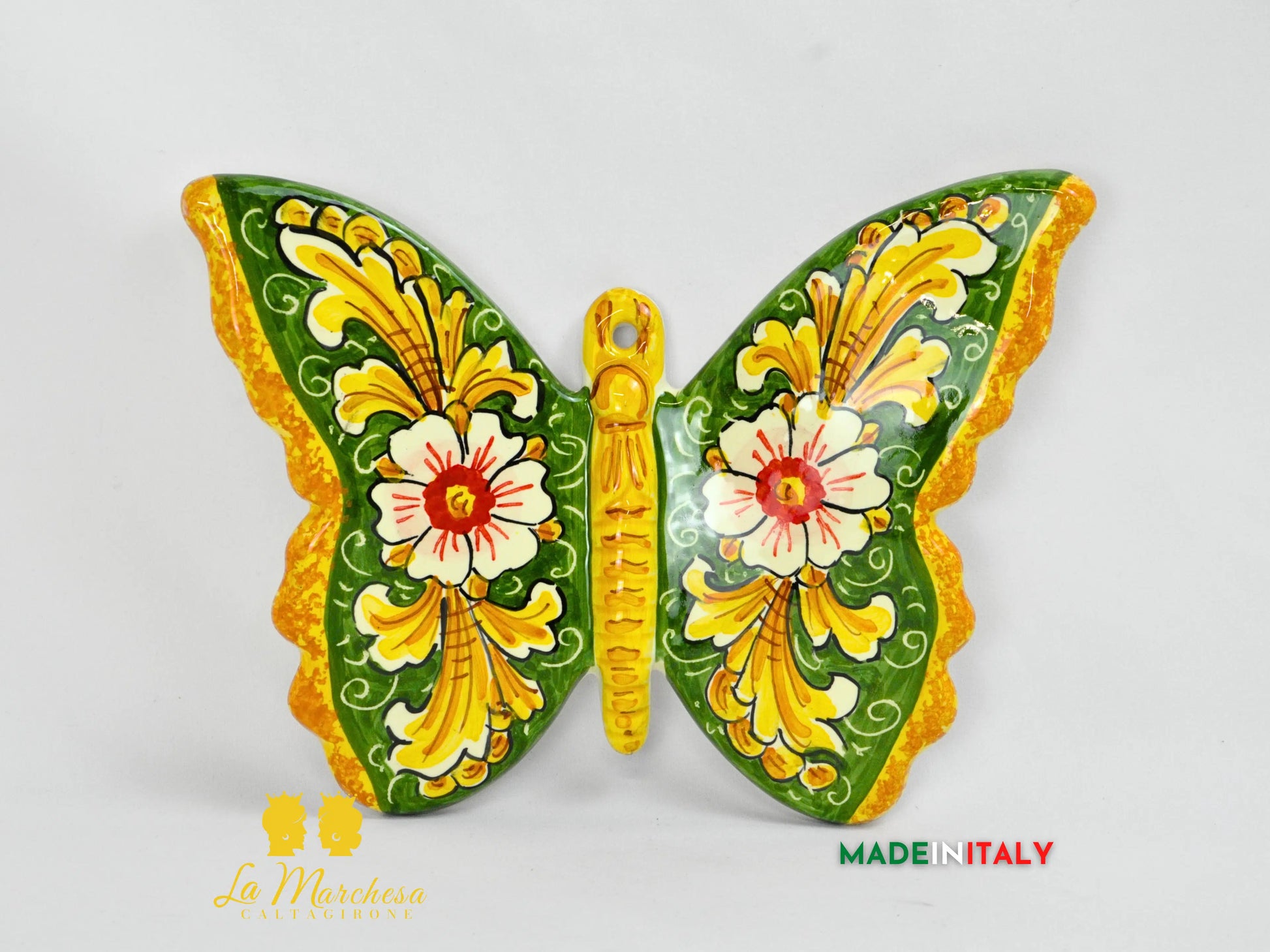 farfalla in ceramica di caltagirone 24cm - ornato verde bosco