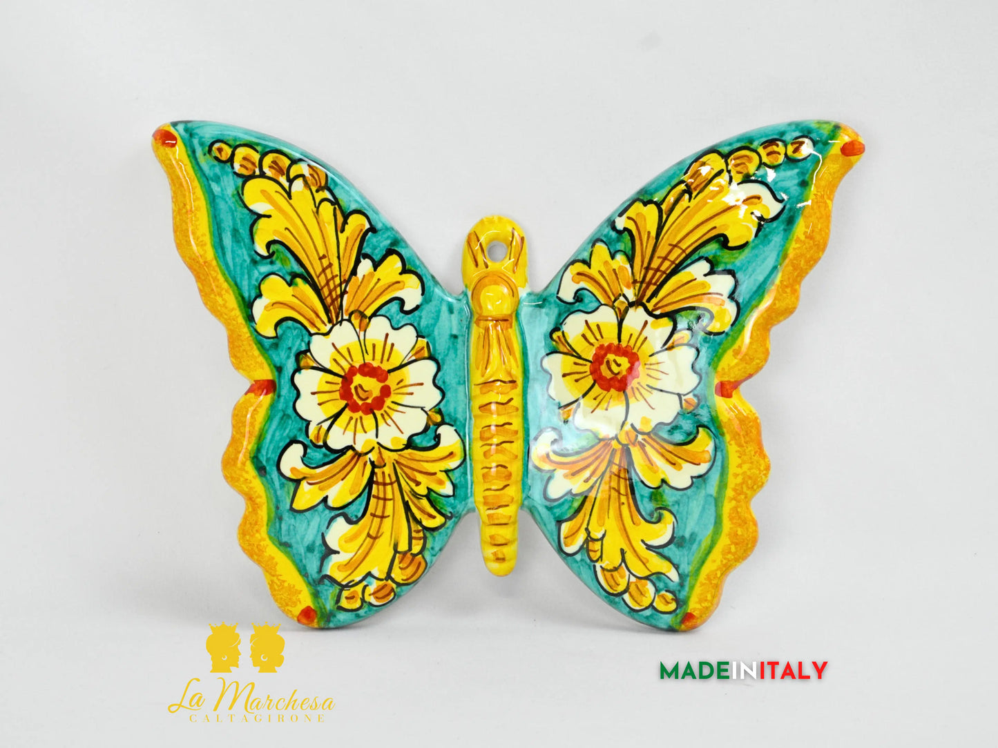 farfalla in ceramica di caltagirone 24cm - ornato verde rame