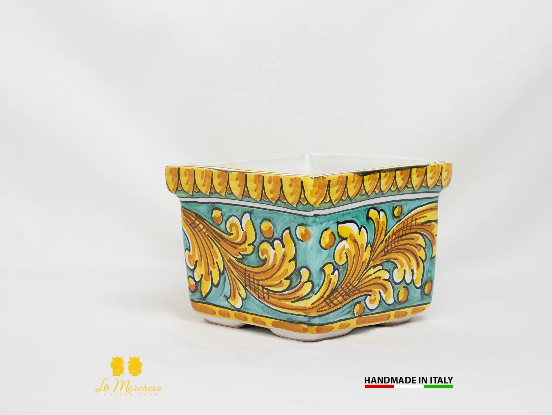 Fioriera da esterno in Ceramica di Caltagirone ornato verde rame 15cm