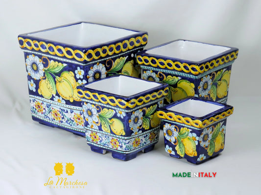 Fioriera da esterno quadrata in Ceramica di Caltagirone blu cobalto limoni - Varie misure