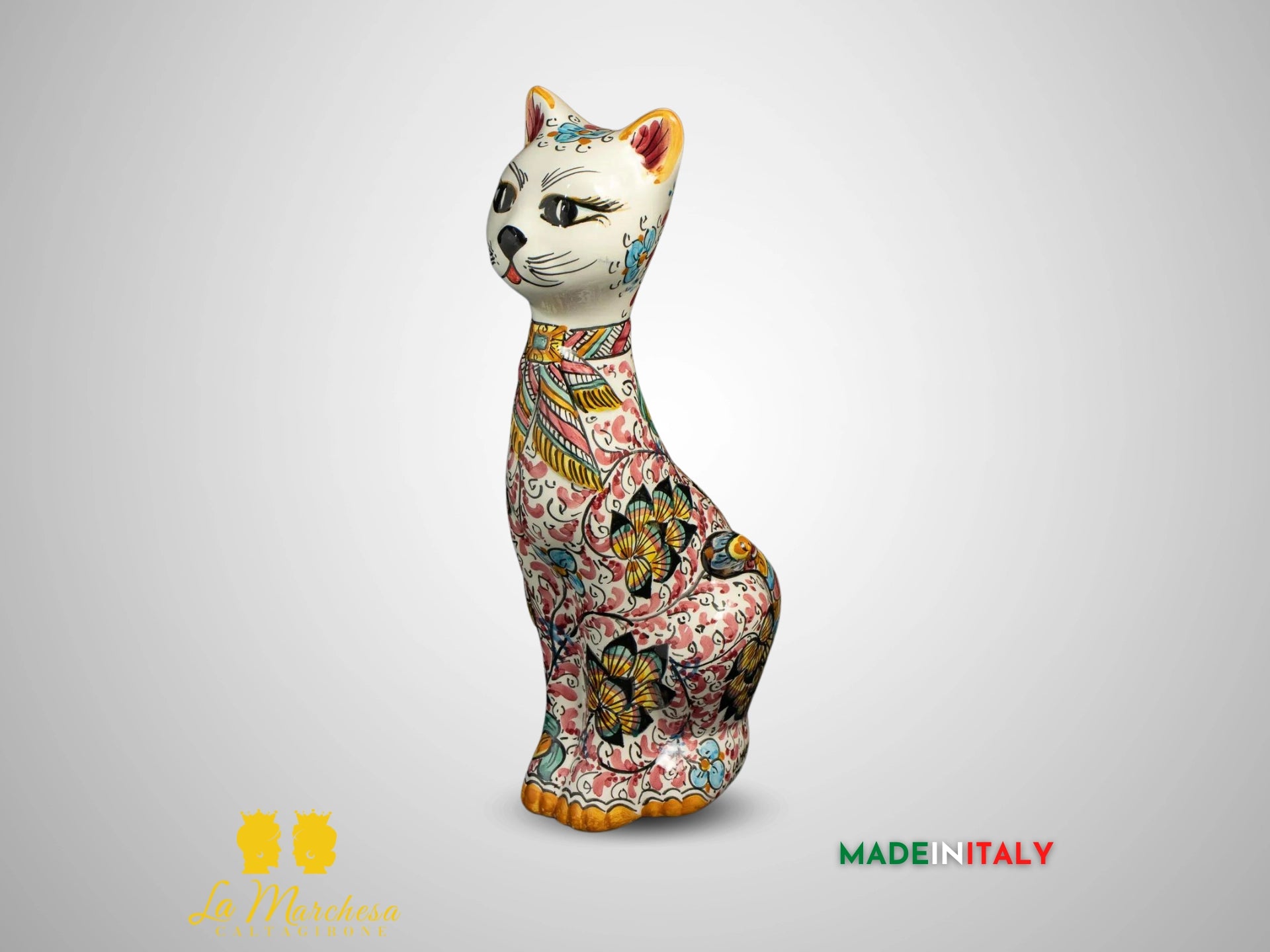 Gatto Decorato in Ceramica di Caltagirone 600 fiocco cm32 - boredeaux