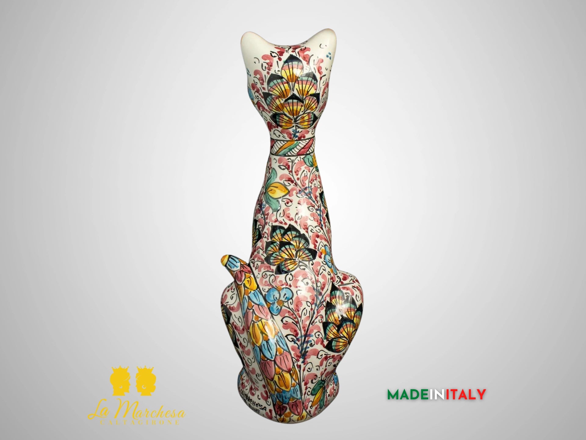 Gatto Decorato in Ceramica di Caltagirone 600 fiocco cm32 bordeaux
