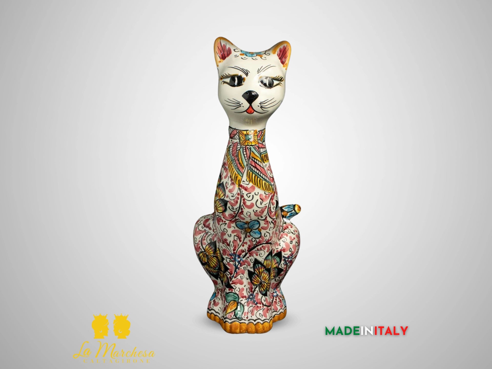 Gatto in Ceramica di Caltagirone 600 pavone 32cm - Bordeaux
