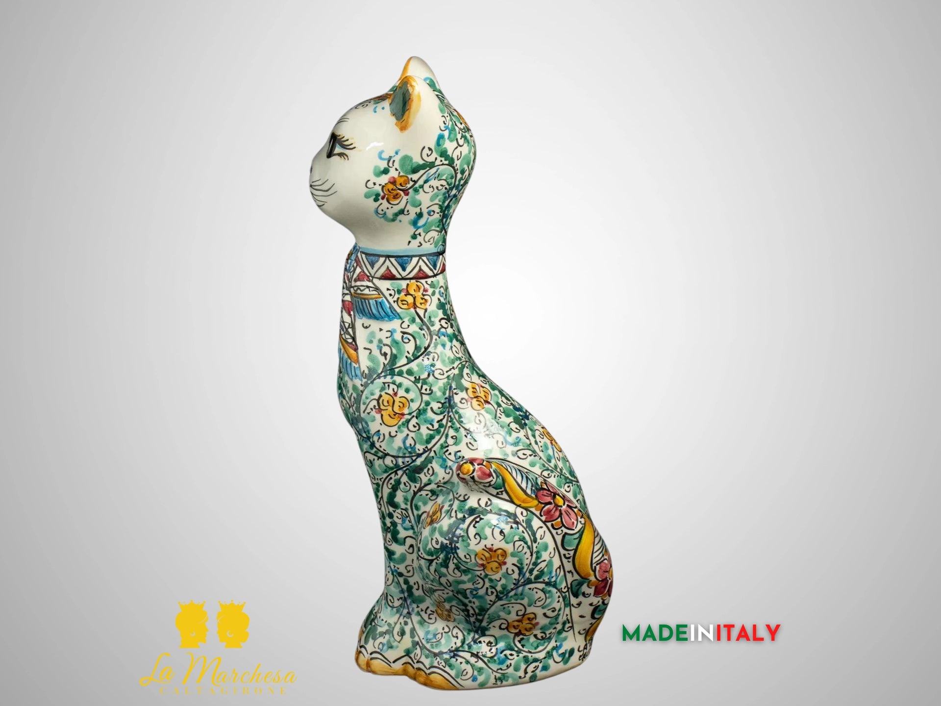 Gatto Decorato in Ceramica di Caltagirone 600 fiocco cm32 verde