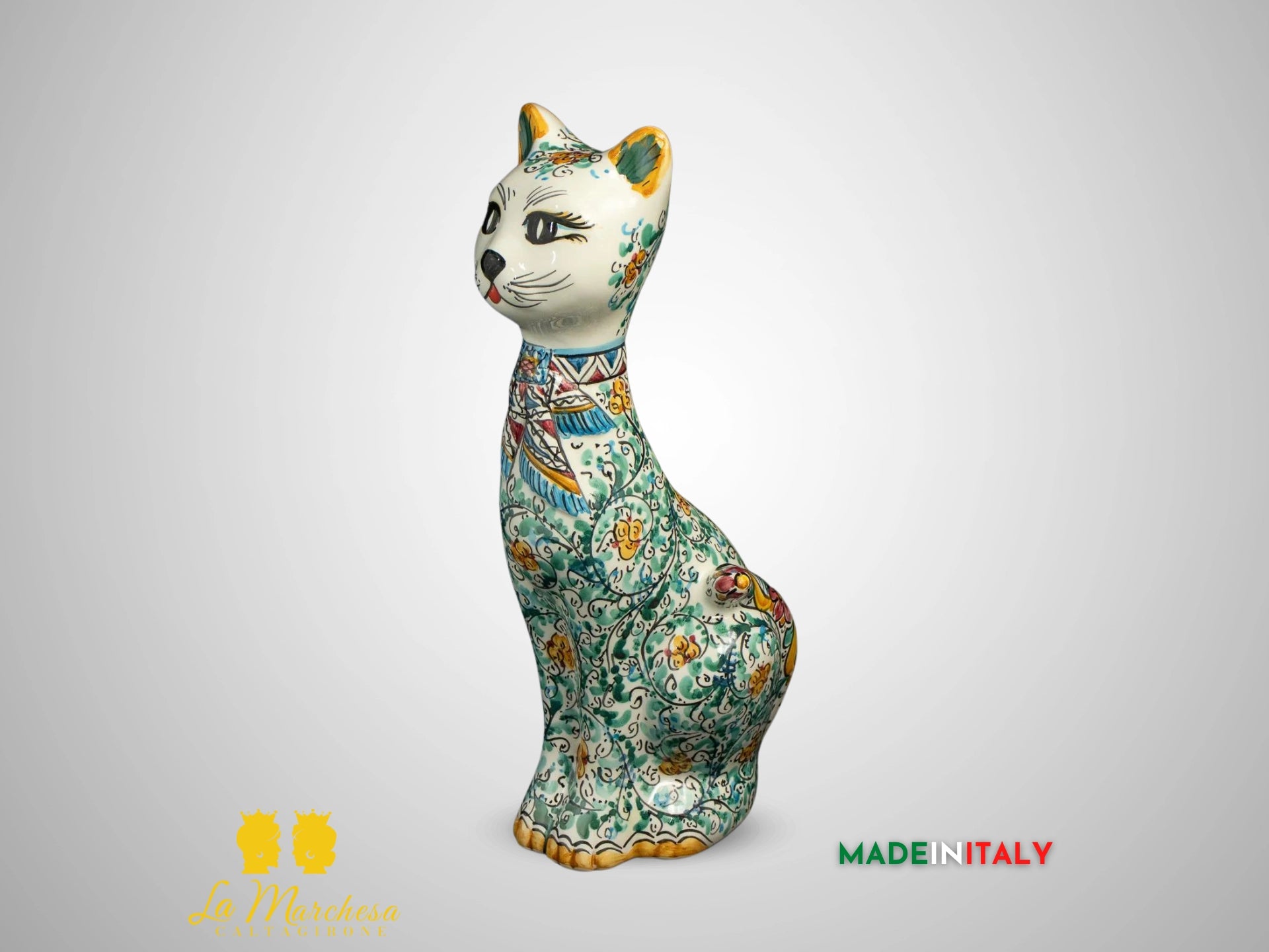 Gatto in Ceramica di Caltagirone 600 pavone 32cm - Verde Rame