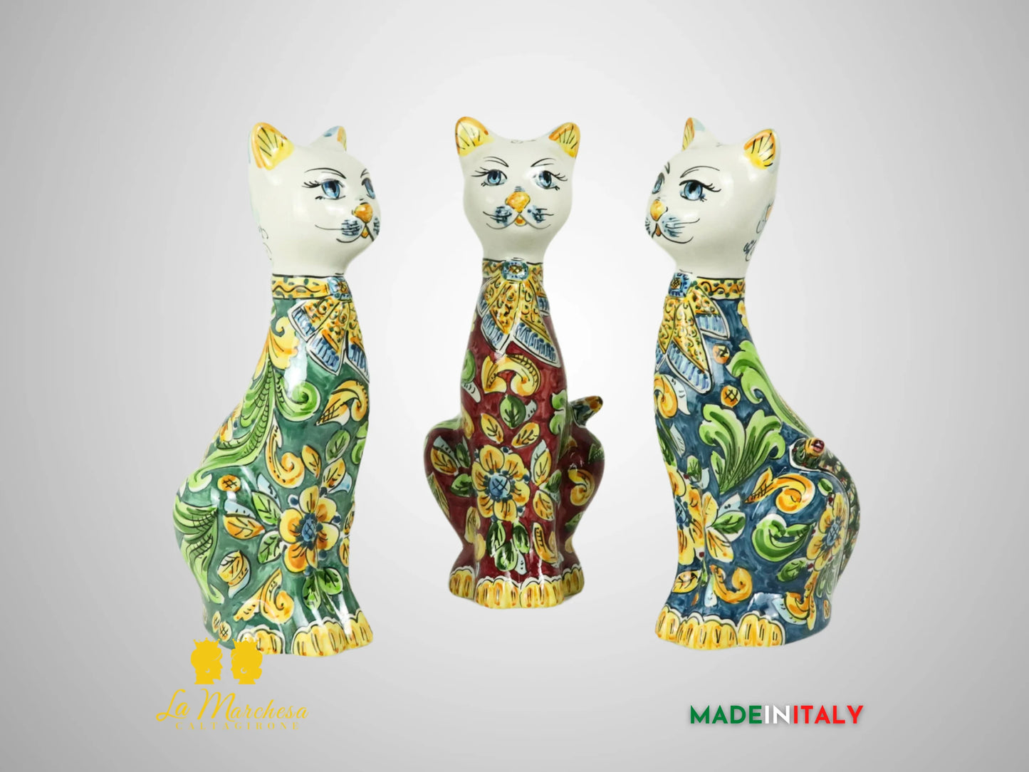 Gatto in Ceramica di Caltagirone ornato barocco 32cm - Vari Colori