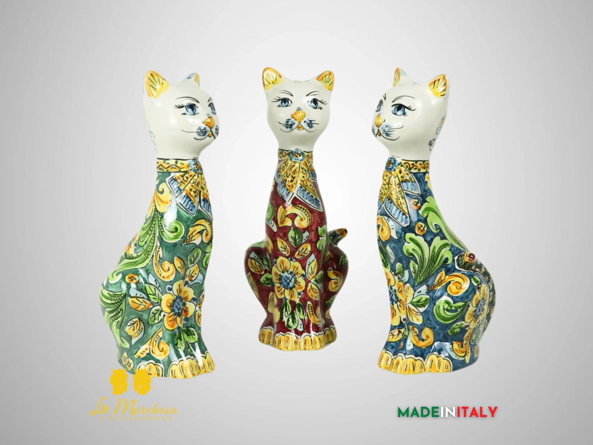 Gatto in Ceramica di Caltagirone ornato barocco 32cm - Vari Colori