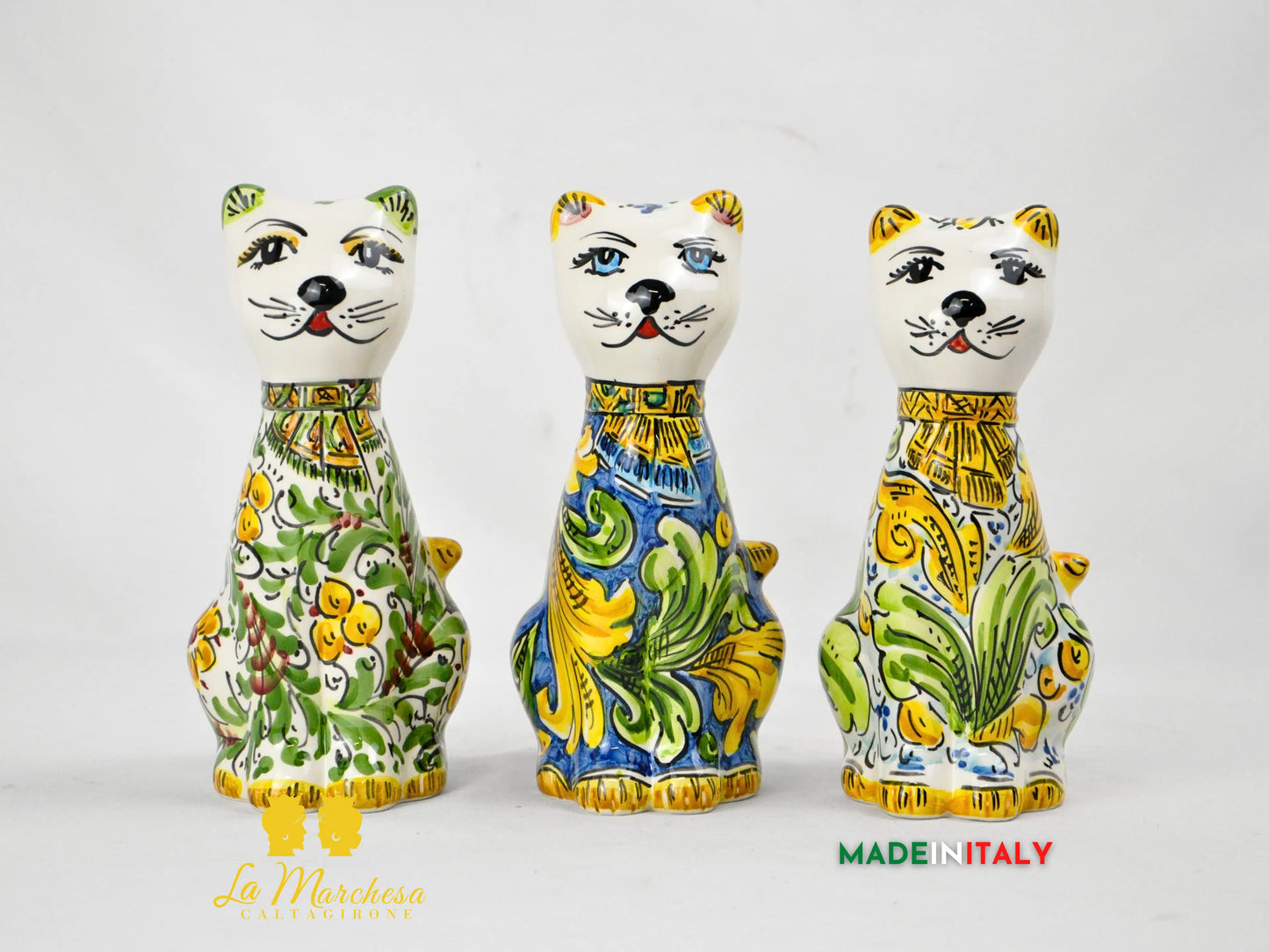 Gatto in Ceramica di Caltagirone Decorato a Mano cm20 - Vari Decori