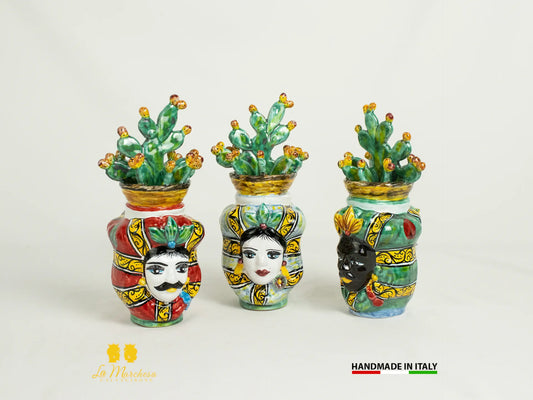 Giano doppia faccia Testa di Moro Ceramica di Caltagirone cesto fichi d'India 21cm