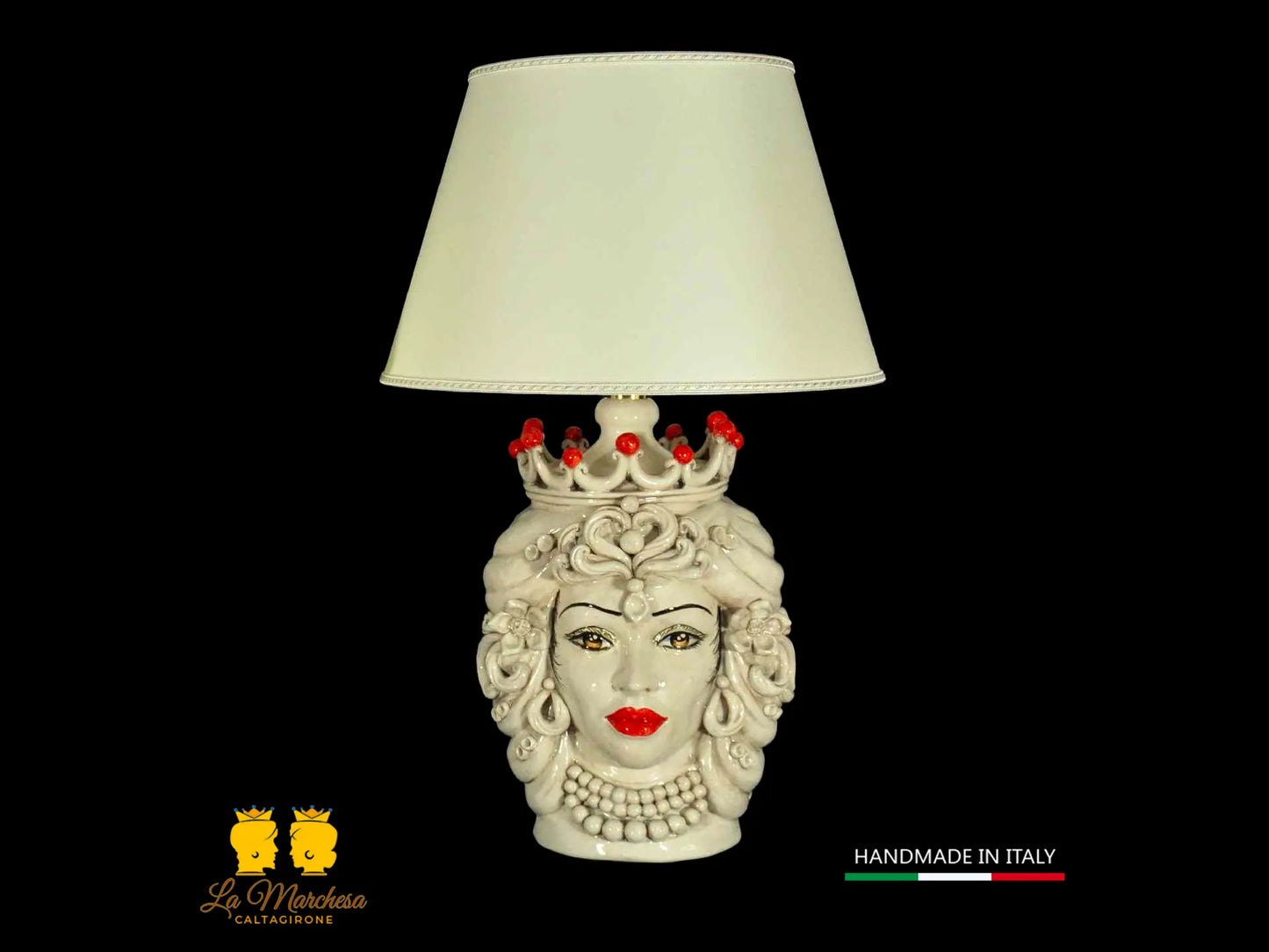Raffinata Coppia Lampada Teste di Moro fumè dettagli rosso 38cm