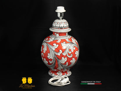 Lampada Ceramica di Caltagirone Ornato bianco rosso paralume h61cm