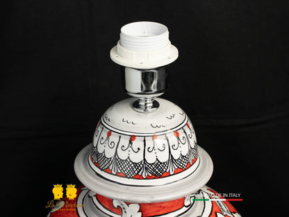 Lampada Ceramica di Caltagirone Ornato bianco rosso paralume h61cm