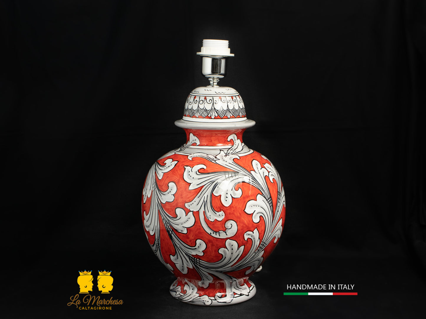 Lampada Ceramica di Caltagirone Ornato bianco rosso paralume h61cm