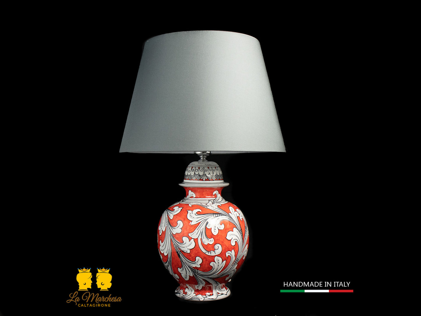 Lampada Ceramica di Caltagirone Ornato bianco rosso paralume h61cm