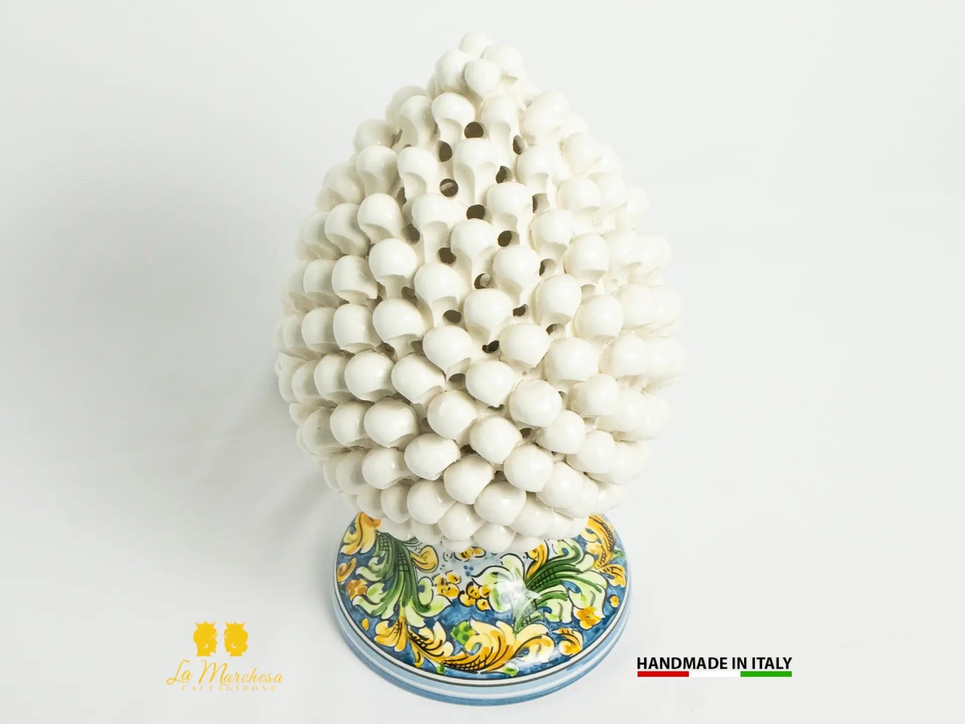 Lampada Pigna traforata Ceramica di Caltagirone bianca ornato blu 30cm
