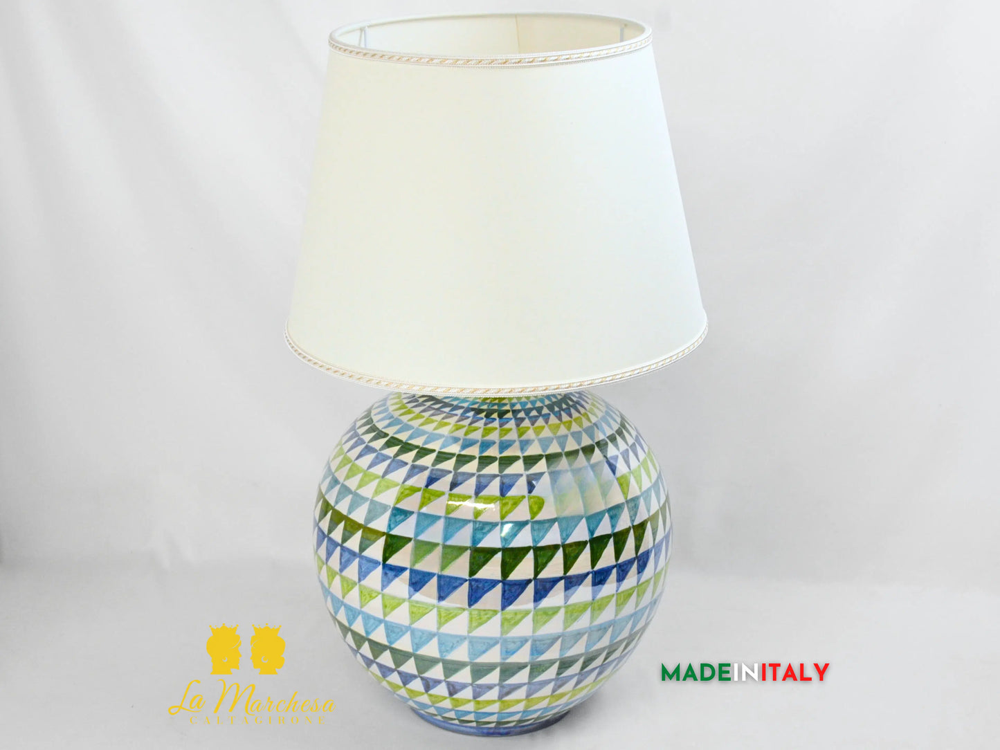 Lampada Ceramica di Caltagirone sfera triangoli madreperla design moderno 32cm