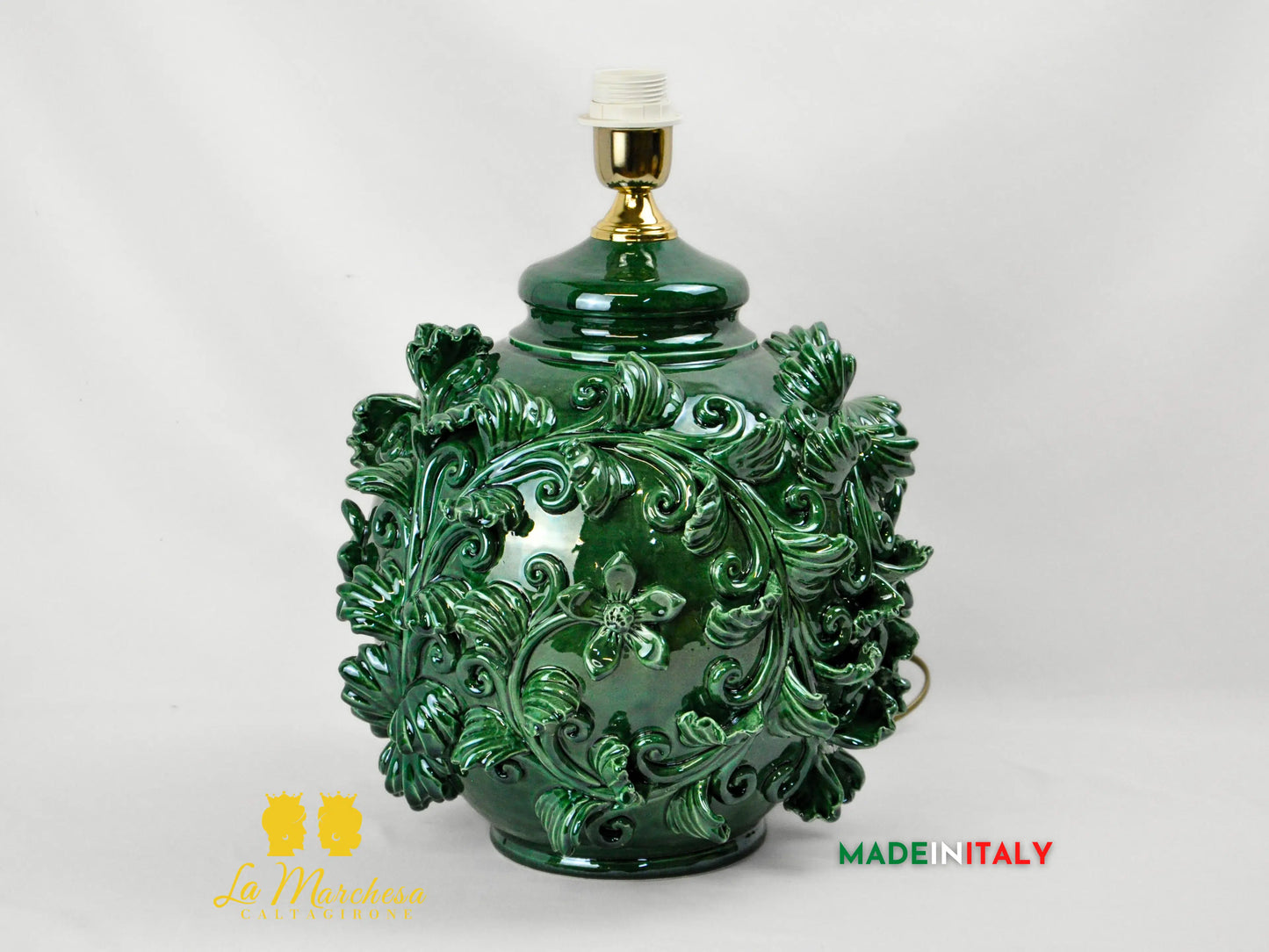Lampada in Ceramica di Caltagirone Barocco Foglie Rilievo 35cm