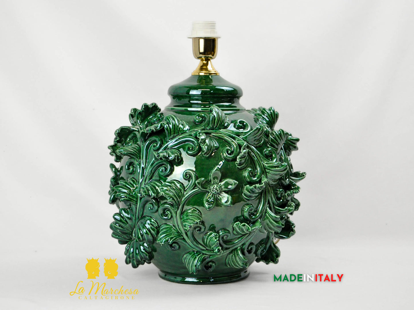 Lampada in Ceramica di Caltagirone Barocco Foglie Rilievo 35cm