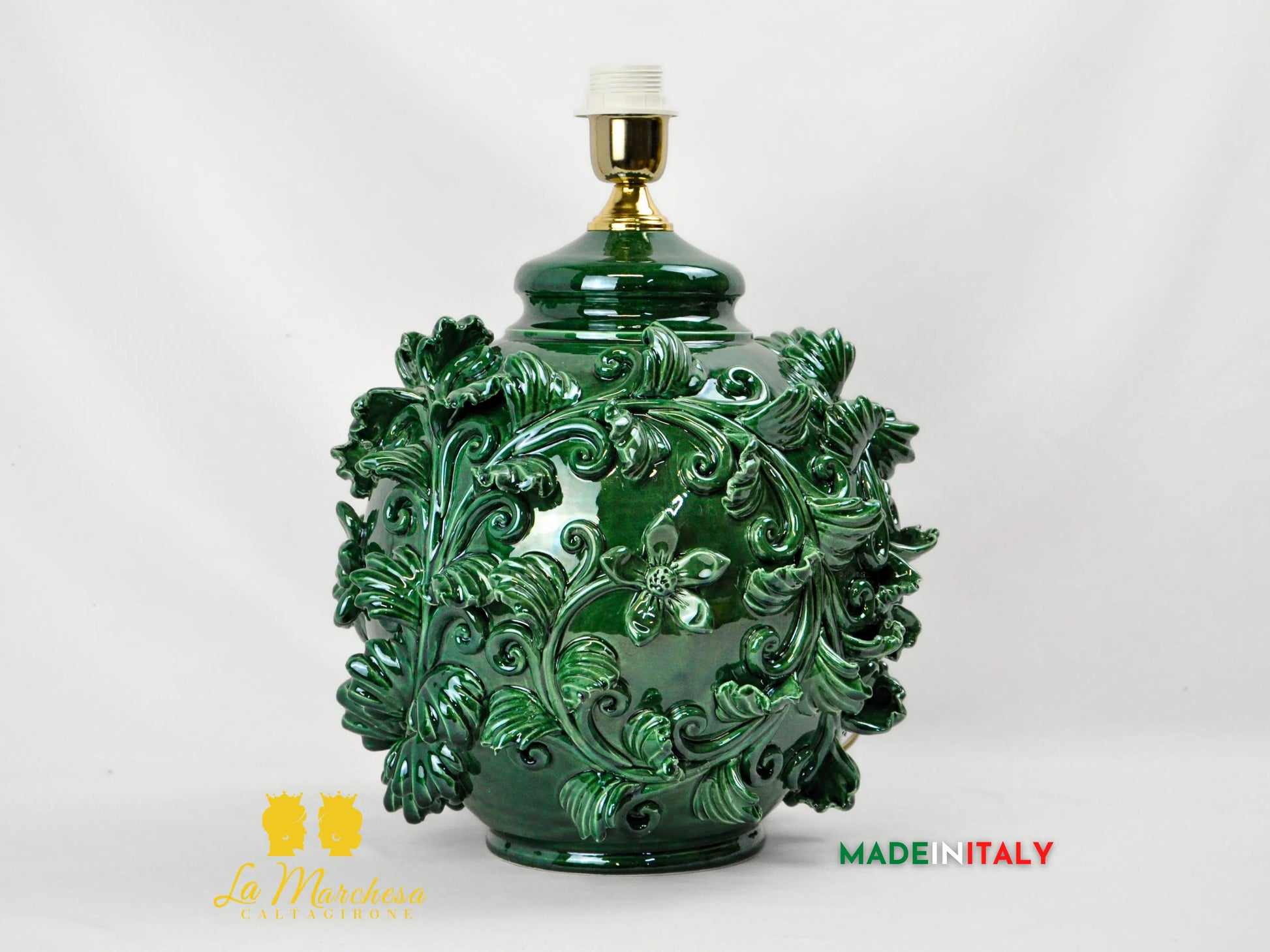 Lampada in Ceramica di Caltagirone Barocco Foglie Rilievo 35cm