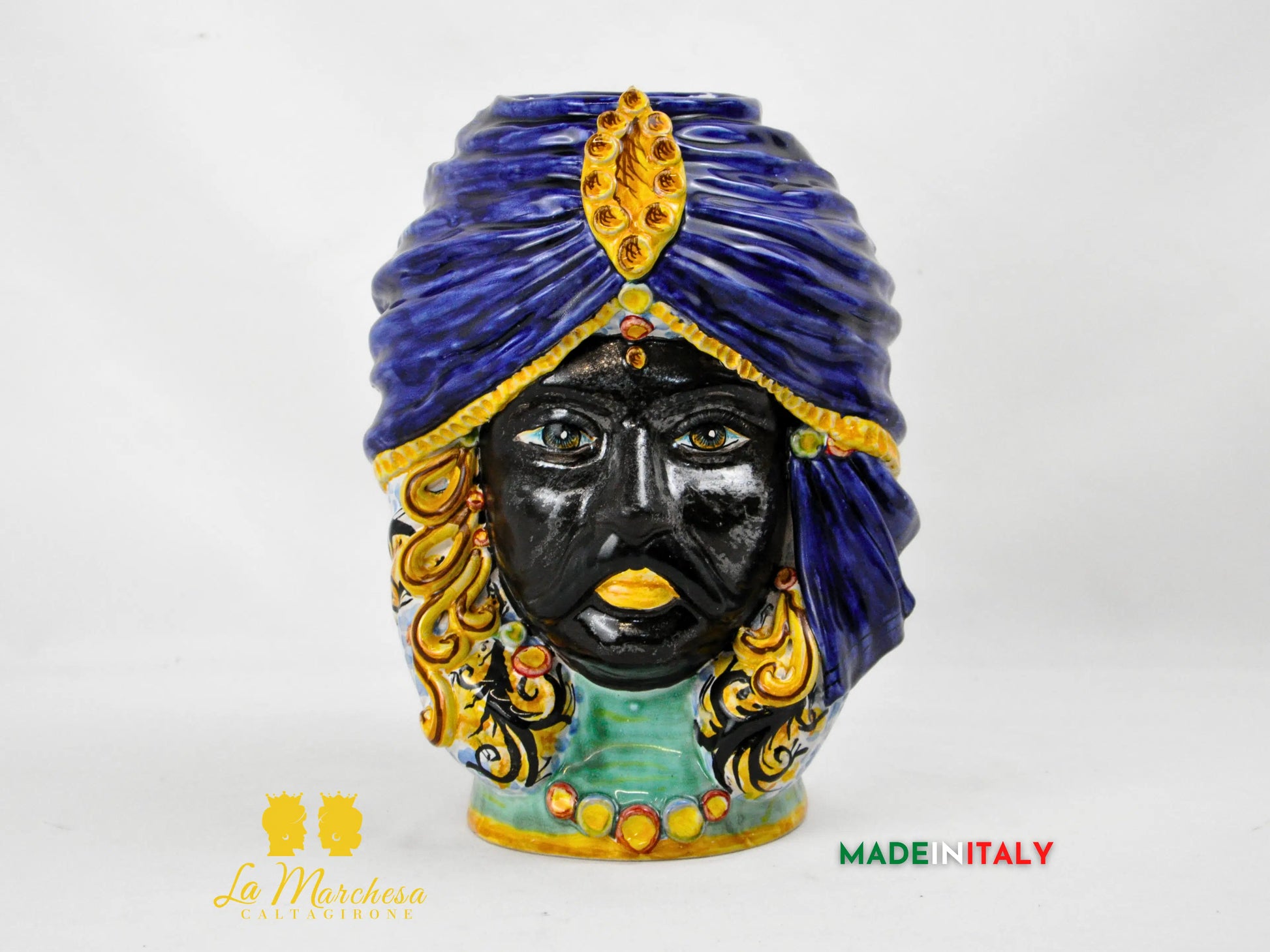 OUTLET - Testa di Moro Maschile in Ceramica di Caltagirone con Turbante Blu e Dettagli Oro – H27 cm