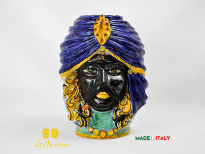 OUTLET - Testa di Moro Maschile in Ceramica di Caltagirone con Turbante Blu e Dettagli Oro – H27 cm