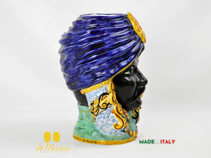 OUTLET - Testa di Moro Maschile in Ceramica di Caltagirone con Turbante Blu e Dettagli Oro – H27 cm