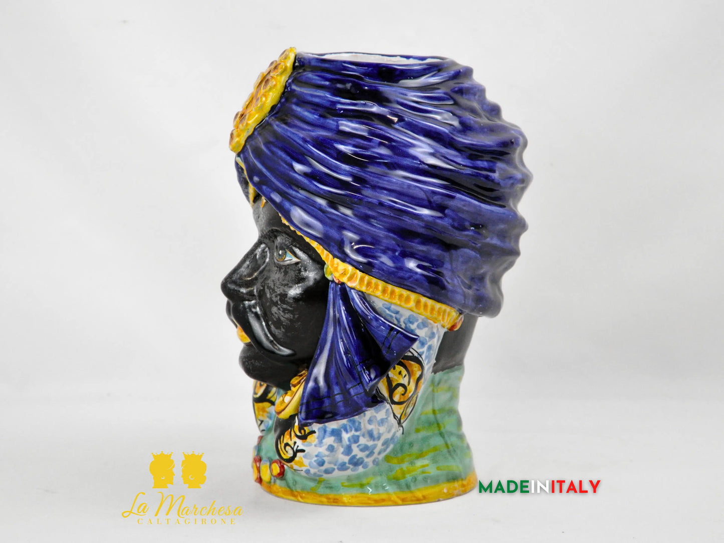 OUTLET - Testa di Moro Maschile in Ceramica di Caltagirone con Turbante Blu e Dettagli Oro – H27 cm