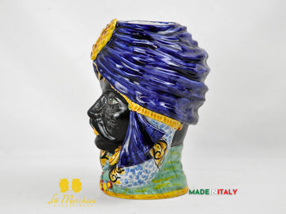 OUTLET - Testa di Moro Maschile in Ceramica di Caltagirone con Turbante Blu e Dettagli Oro – H27 cm