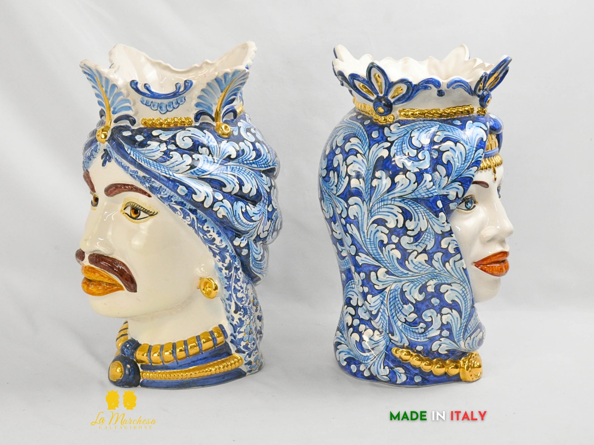 OUTLET - Teste di Moro in Ceramica di Caltagirone Afro Blu Antico Oro 37cm