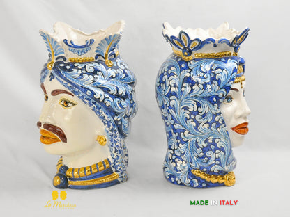 OUTLET - Teste di Moro in Ceramica di Caltagirone Afro Blu Antico Oro 37cm