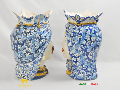 OUTLET - Teste di Moro in Ceramica di Caltagirone Afro Blu Antico Oro 37cm