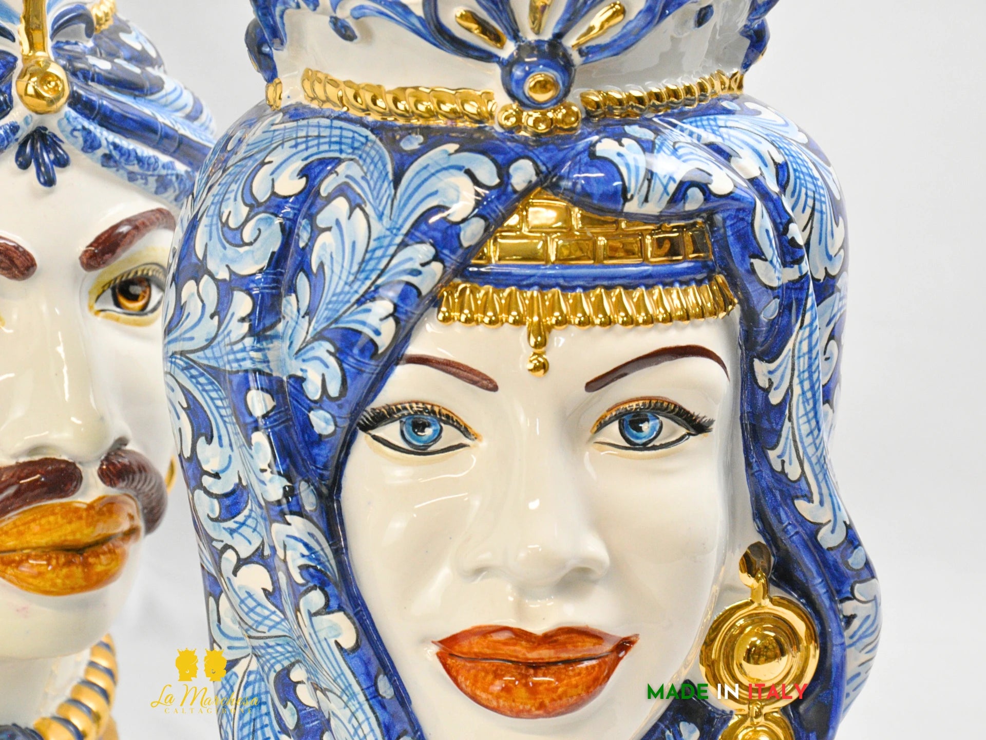 OUTLET - Teste di Moro in Ceramica di Caltagirone Afro Blu Antico Oro 37cm