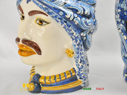 OUTLET - Teste di Moro in Ceramica di Caltagirone Afro Blu Antico Oro 37cm