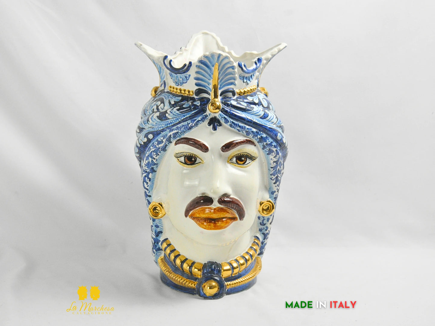 OUTLET - Teste di Moro in Ceramica di Caltagirone Afro Blu Antico Oro 37cm