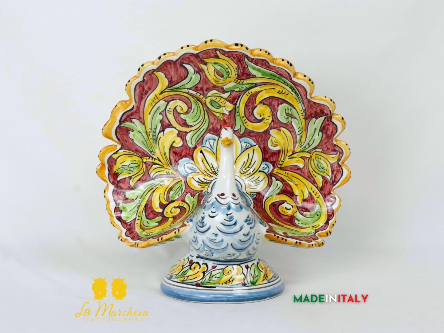 Pavone in Ceramica di Caltagirone ornato fiori 28cm - Vari Modelli