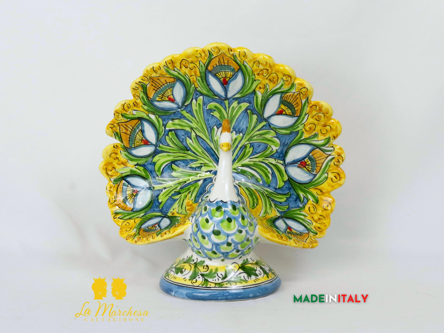 Pavone in Ceramica di Caltagirone ornato fiori 28cm - Vari Modelli