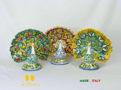 Pavone in Ceramica di Caltagirone ornato fiori 28cm - Vari Modelli