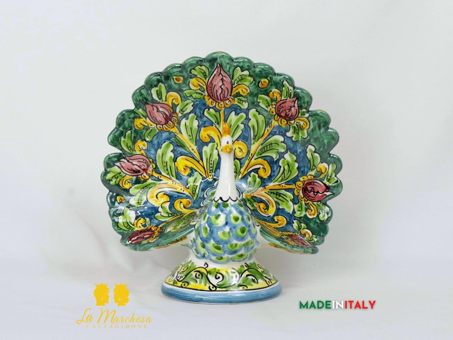 Pavone in Ceramica di Caltagirone ornato fiori 28cm - Vari Modelli