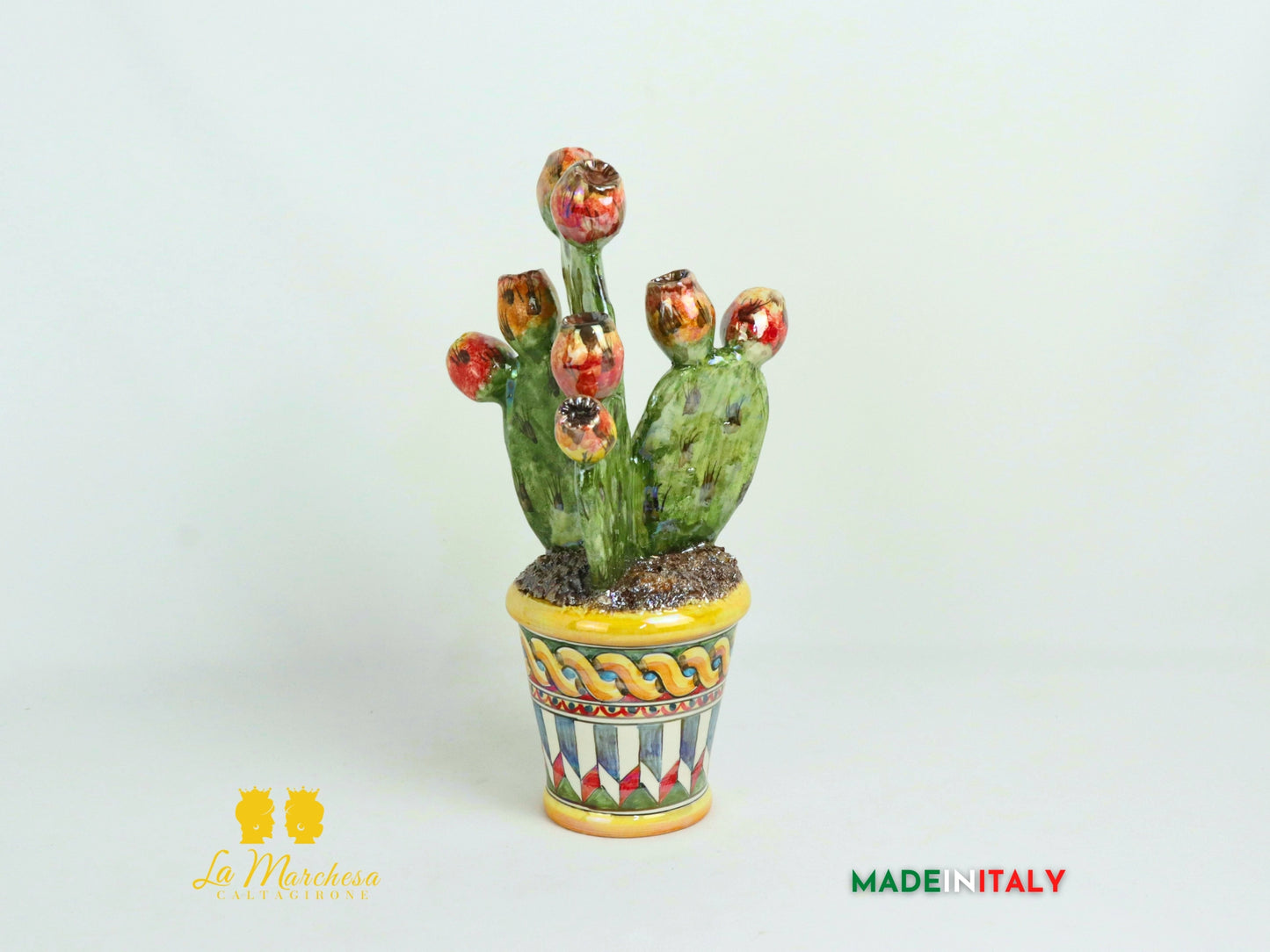 Pianta Fichi D'India Madreperla in Ceramica di Caltagirone - Vaso Retto