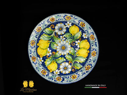 Piatto in Ceramica di Caltagirone blu cobalto limoni 37cm