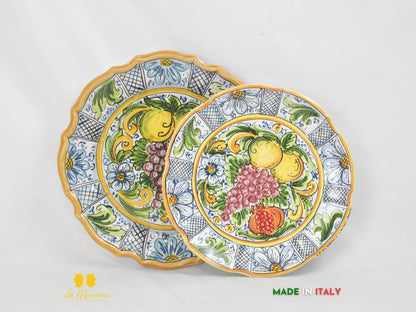 Piatto in Ceramica di Caltagirone ornato frutta bordo fiori - Diverse Misure