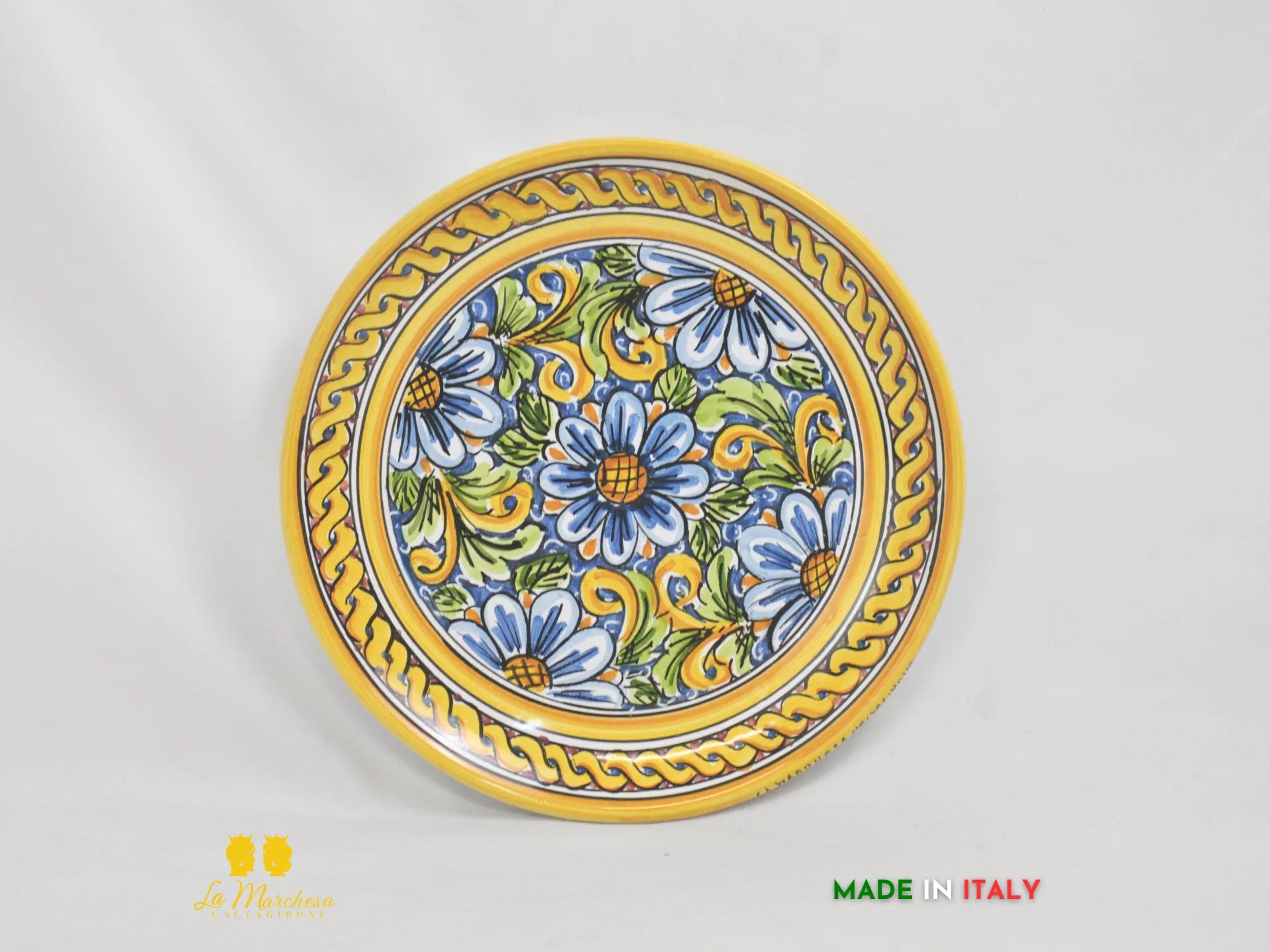 Piatto in Ceramica di Caltagirone rotondo treccia gialla ornato fiori 25cm