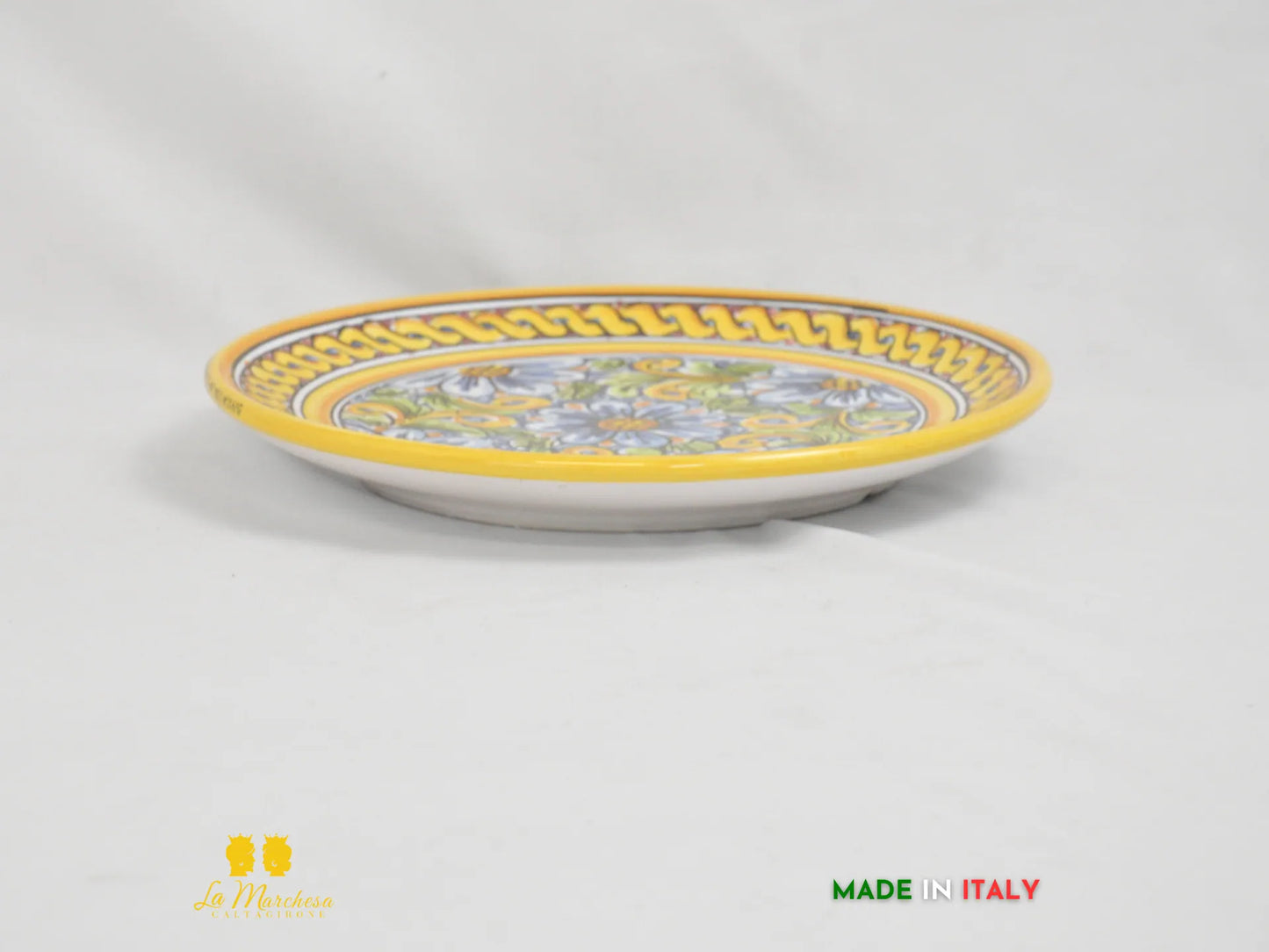 Piatto in Ceramica di Caltagirone rotondo treccia gialla ornato fiori 25cm