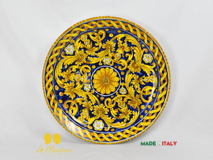 Piatto in Ceramica di Caltagirone Fangotto blu cobalto ornato fiore treccia 44cm